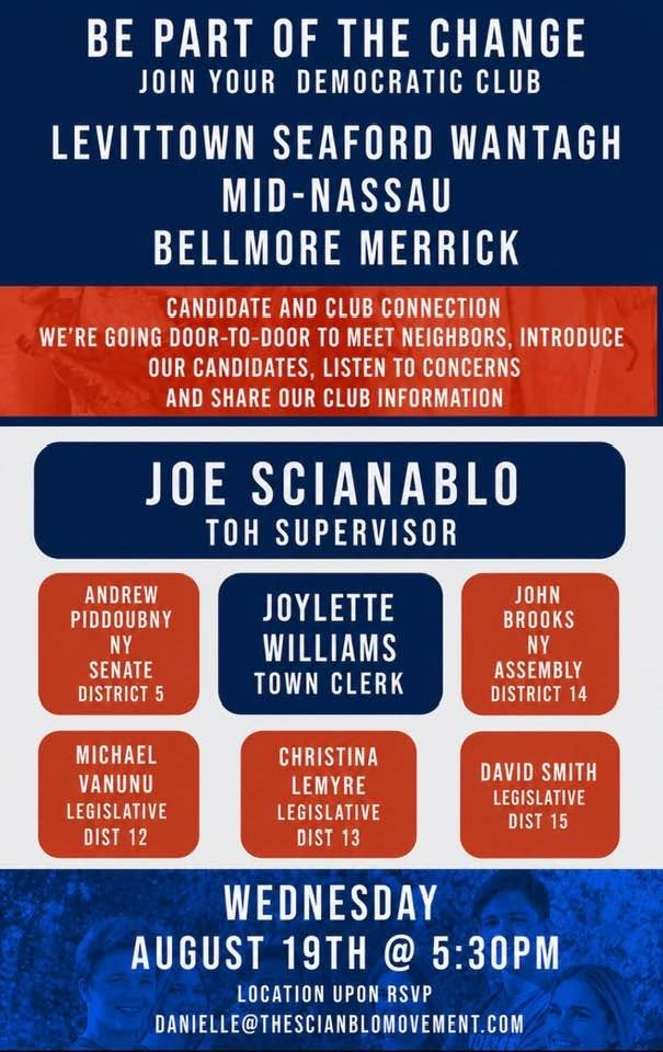Candidate and Club Connection canvassing event flyer — Wednesday, August 19, 2026 at 5:30 PM, location upon RSVP, RSVP to danielle@thescianablomovement.com